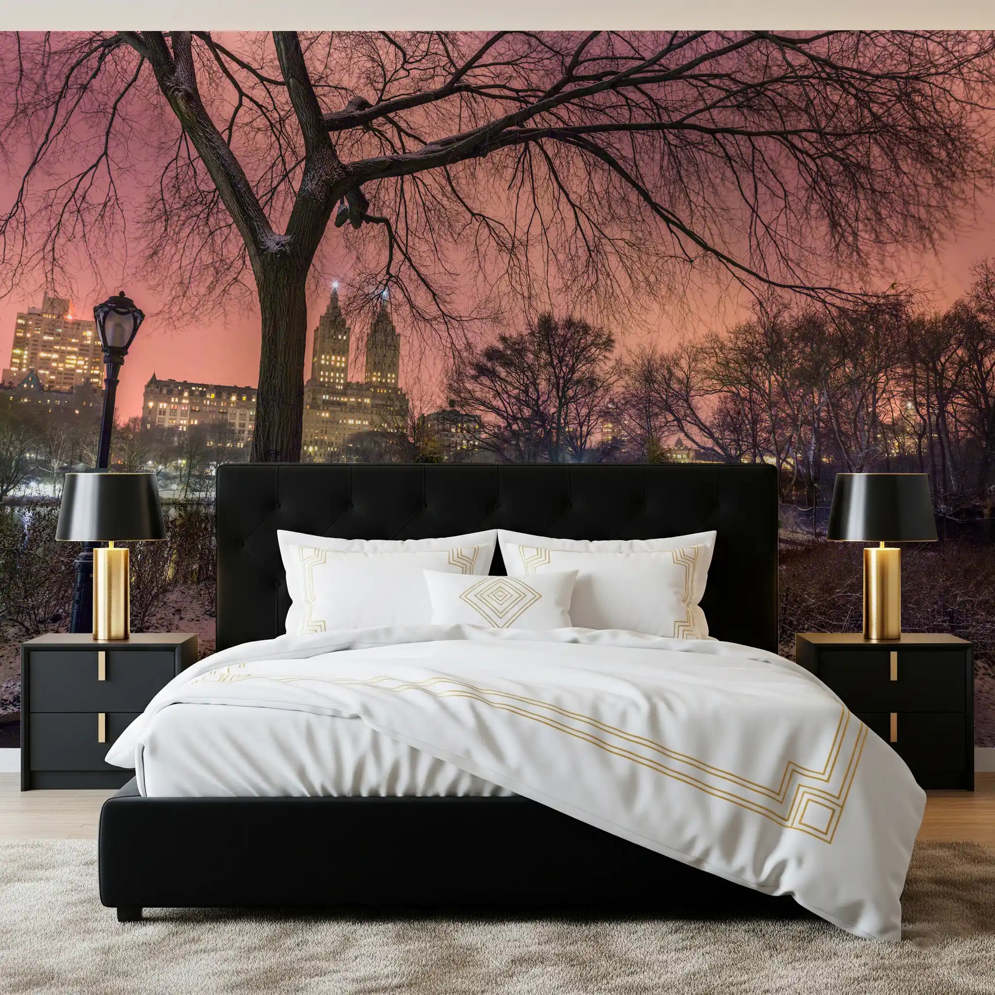 Behind the bridge, lit Manhattan towers glow inside this Central Park wall mural.