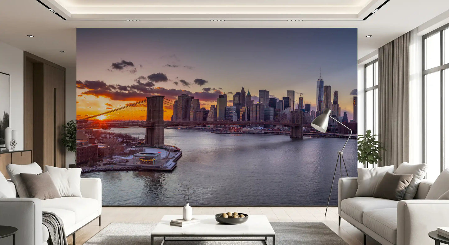 Cool evening tones around NYC Sunset Grandeur wall mural quiet a Living room for rest.