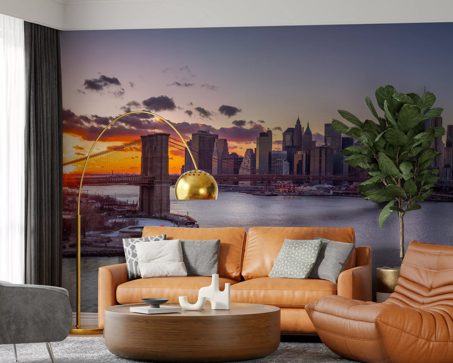 A modern living room takes on the city glow of NYC Sunset Grandeur wall mural .
