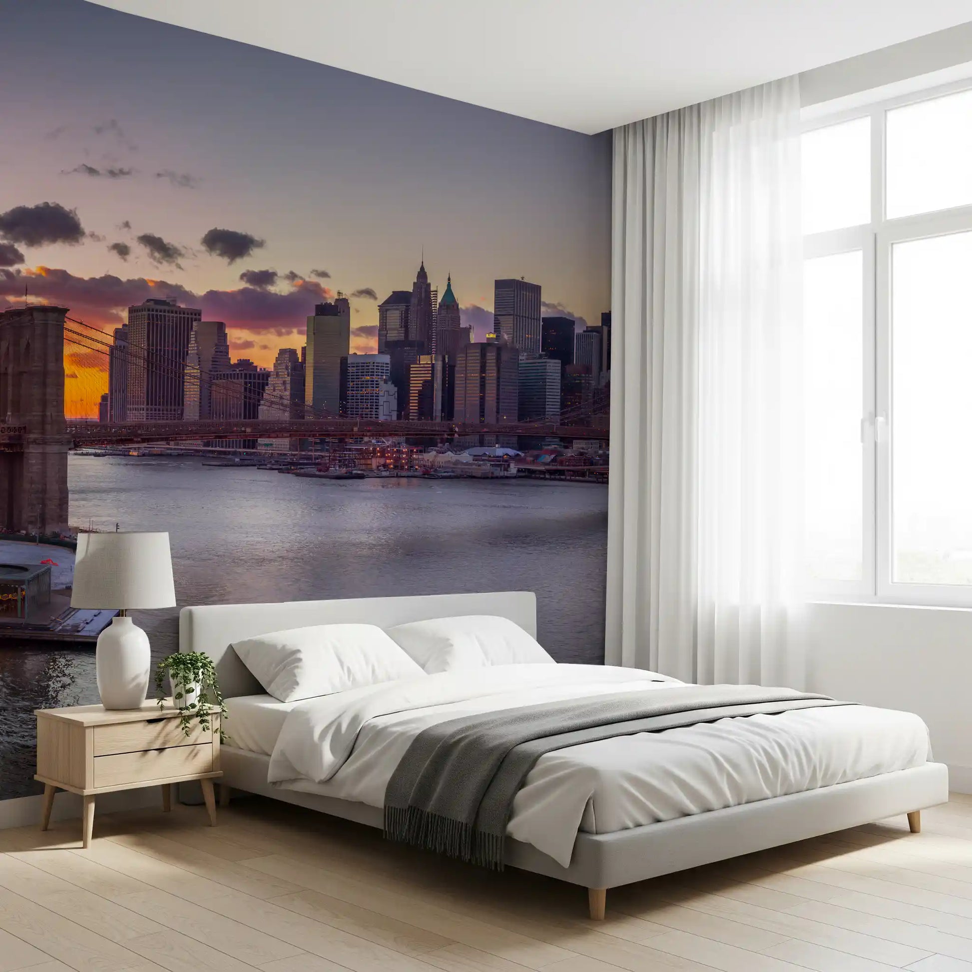 cityscape with a fading sun forms the NYC Sunset Grandeur wall mural scene.
