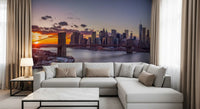 Gold and lilac sky meet the river in NYC Sunset Grandeur wall mural detail shot.