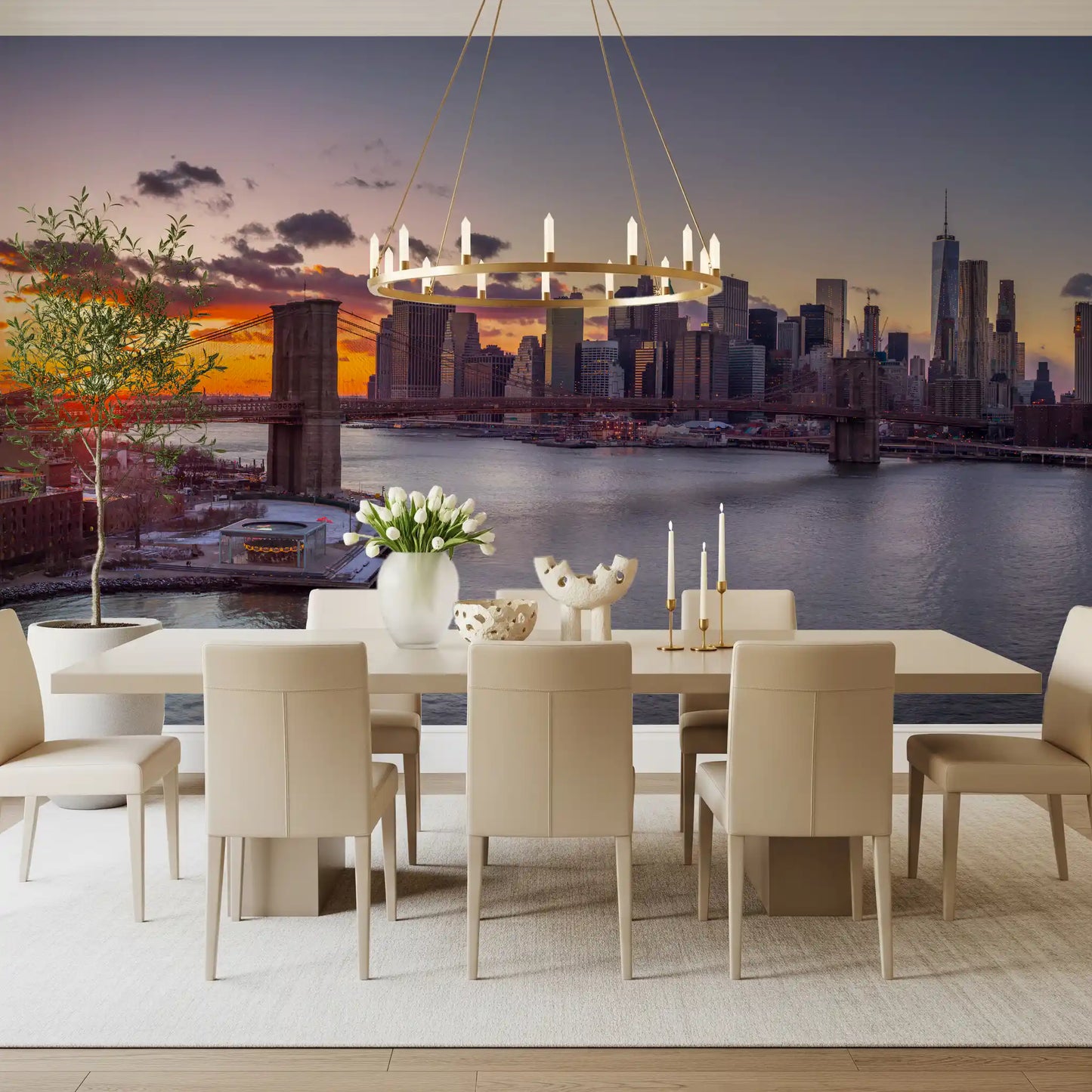 In a Dining room, the NYC Sunset Grandeur wall mural opens a deep horizon view.