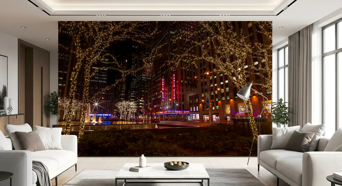 Red Radio City lettering pours into a Living room from this Night Glow wall mural
