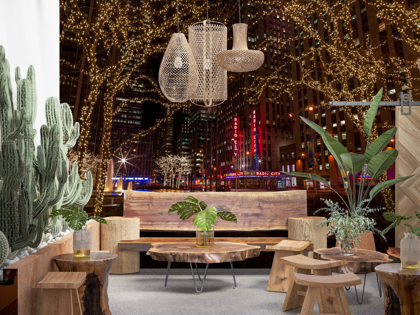 Late hours of the Radio City Night Glow wall mural cool a Dining area with city twinkle