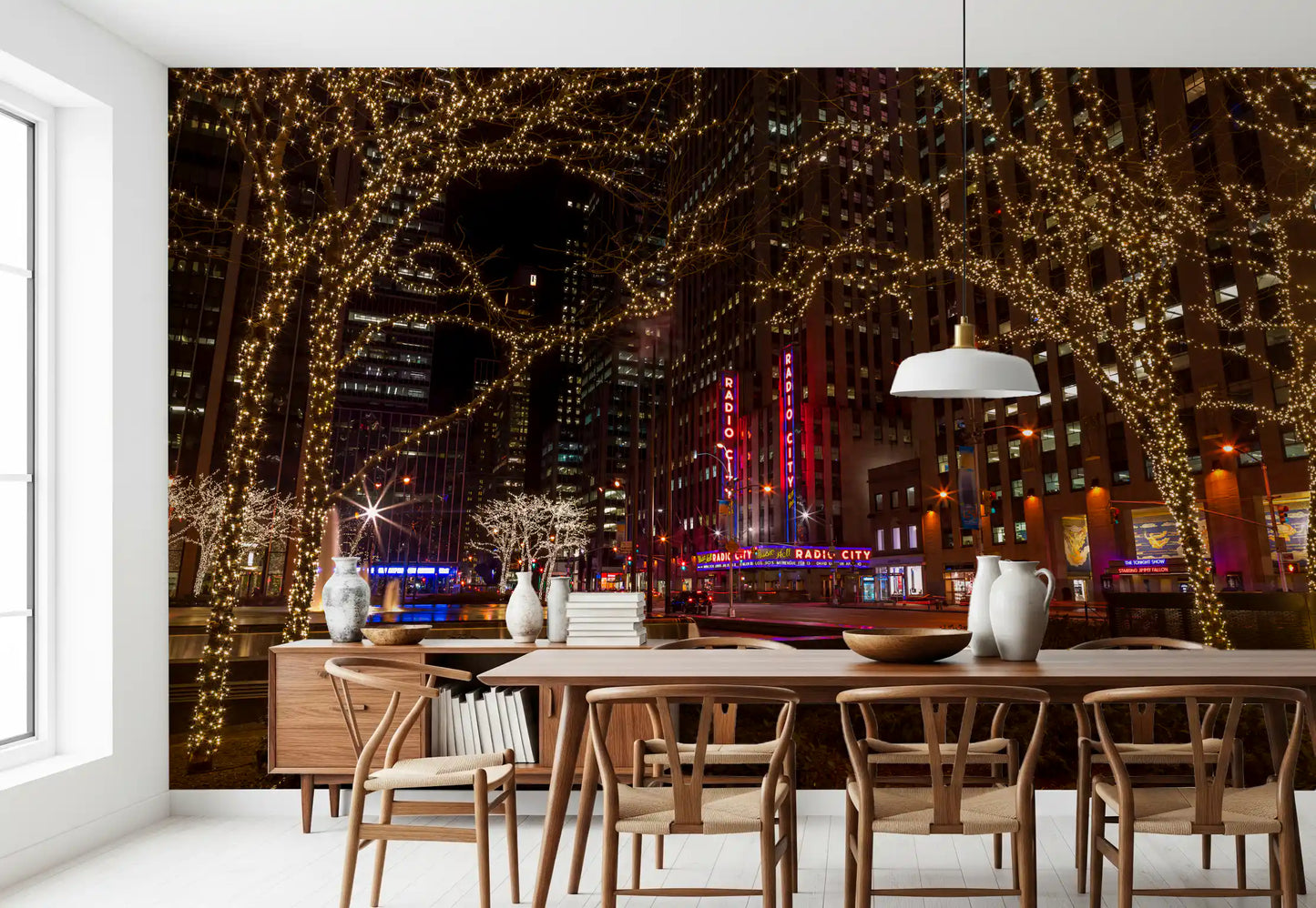 Manhattan night view dresses a Dining room corner under Radio City Night Glow wall mural
