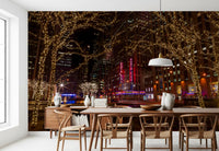 Manhattan night view dresses a Dining room corner under Radio City Night Glow wall mural