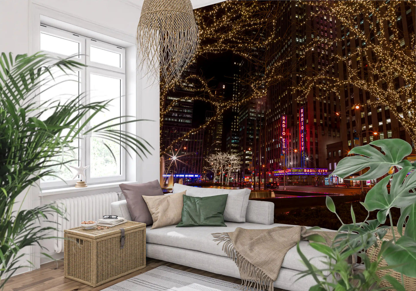 Crimson neon under the Radio City Night Glow wall mural greets an entryway space