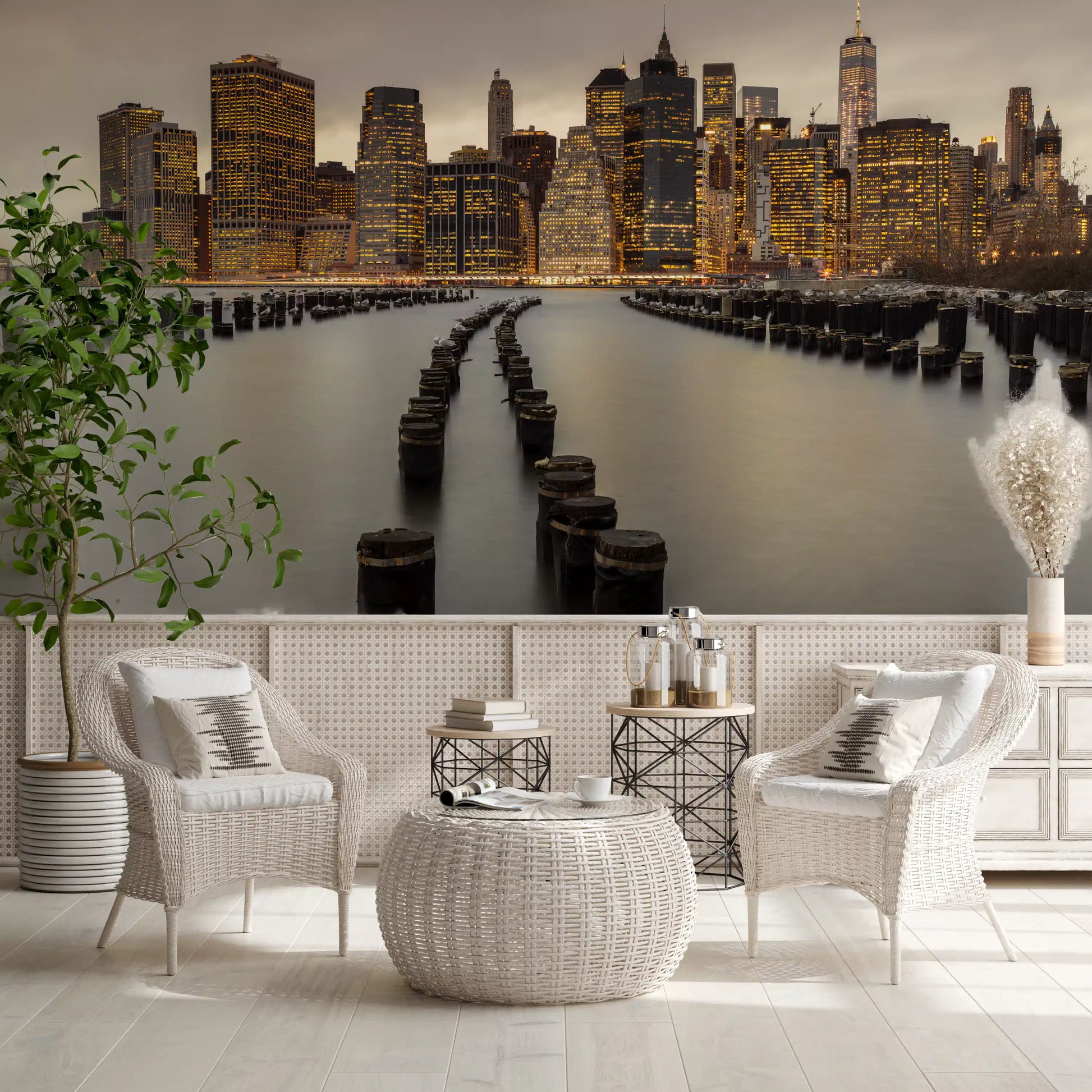 An Dining room gains city depth from the NYC Urban Glow wall mural composition
