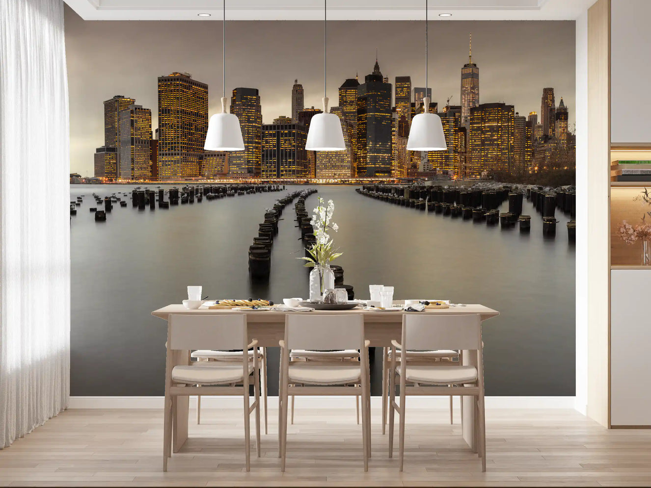 A Dining room sits beneath the NYC Urban Glow wall mural and its lit skyline