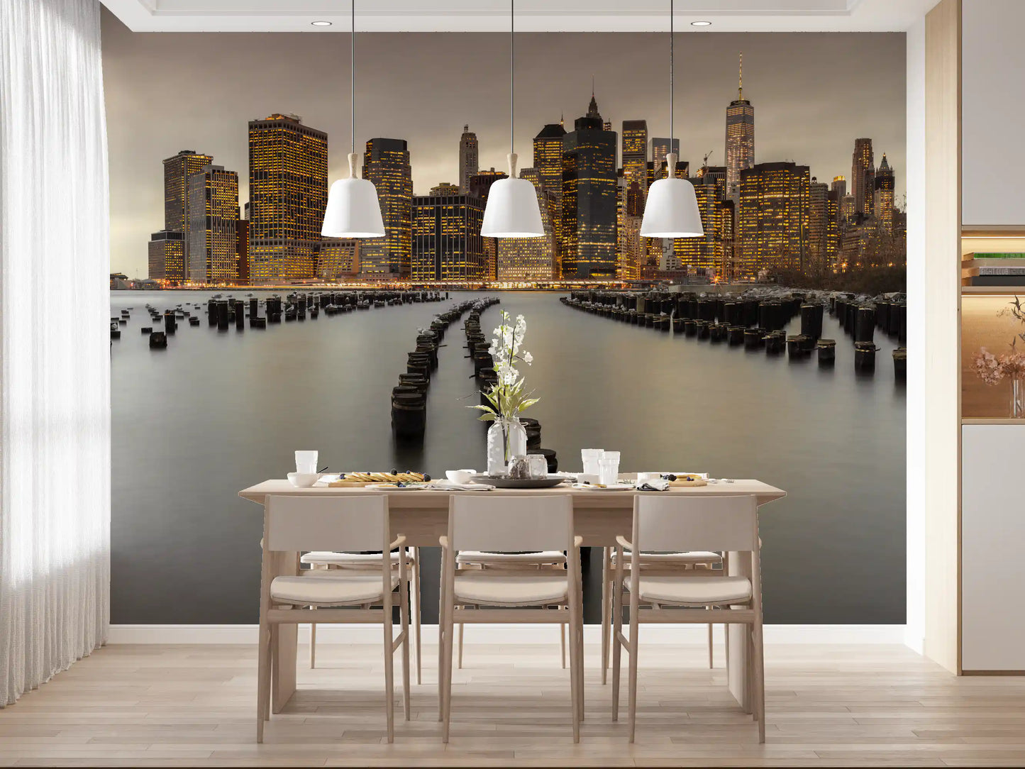 A Dining room sits beneath the NYC Urban Glow wall mural and its lit skyline