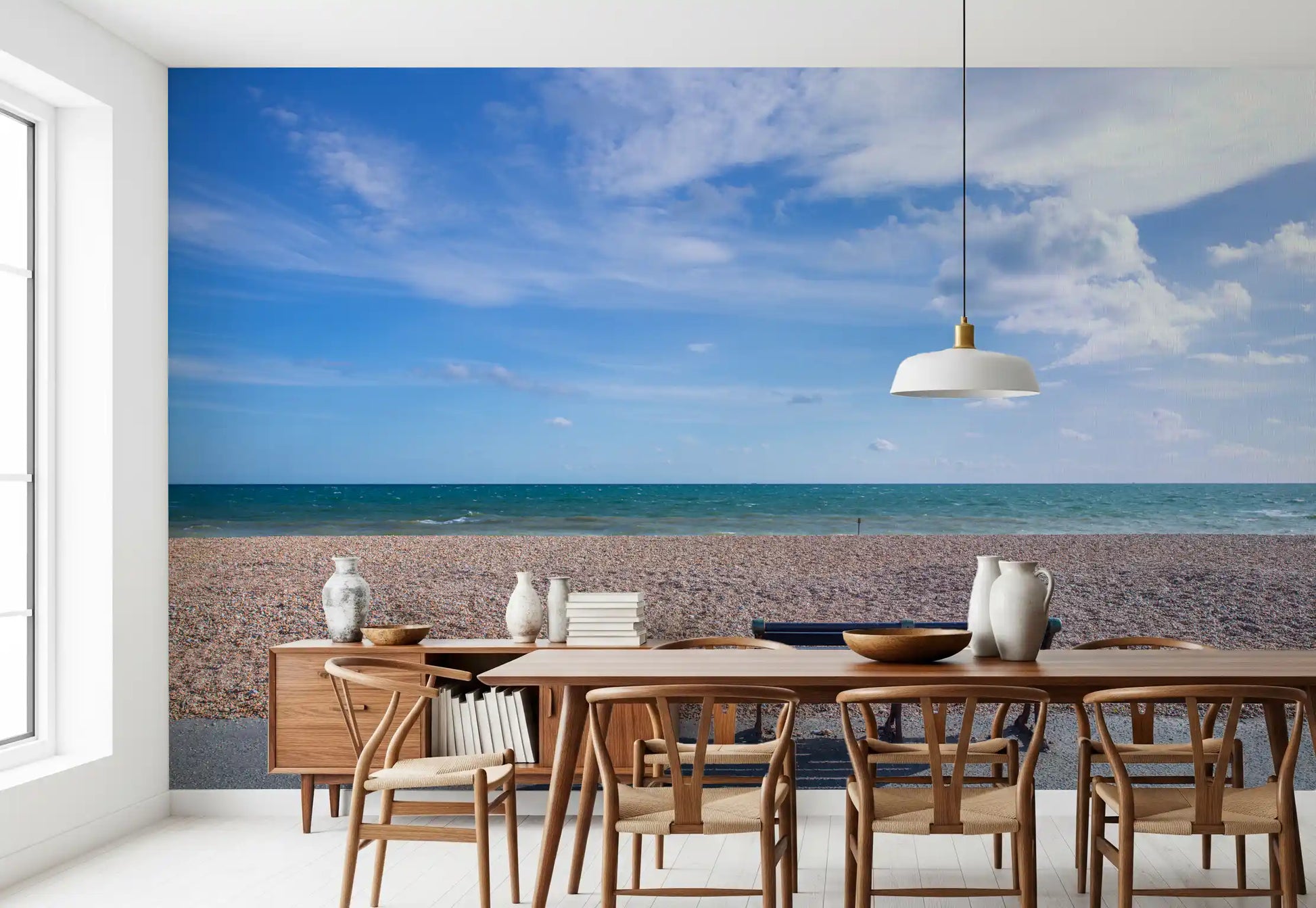 Daylight scene in a Dining room with the Blue Escape wall mural panel