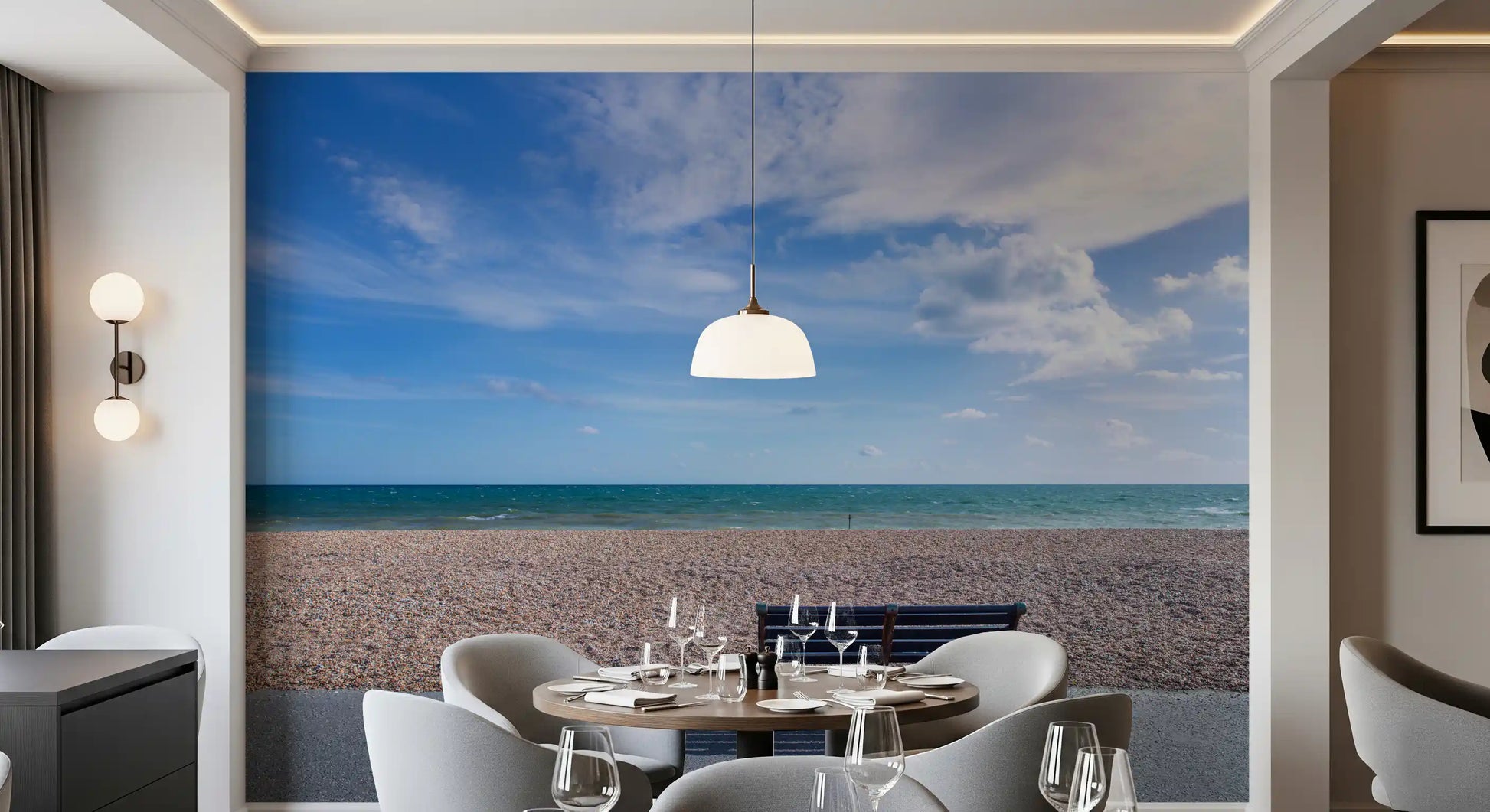 A lone bench faces calm water, Blue Horizon wall mural in a Dining area 