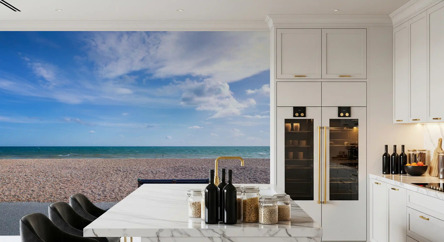 Cool teal water and warm sand tones meet in the Blue Horizon wall mural palette
