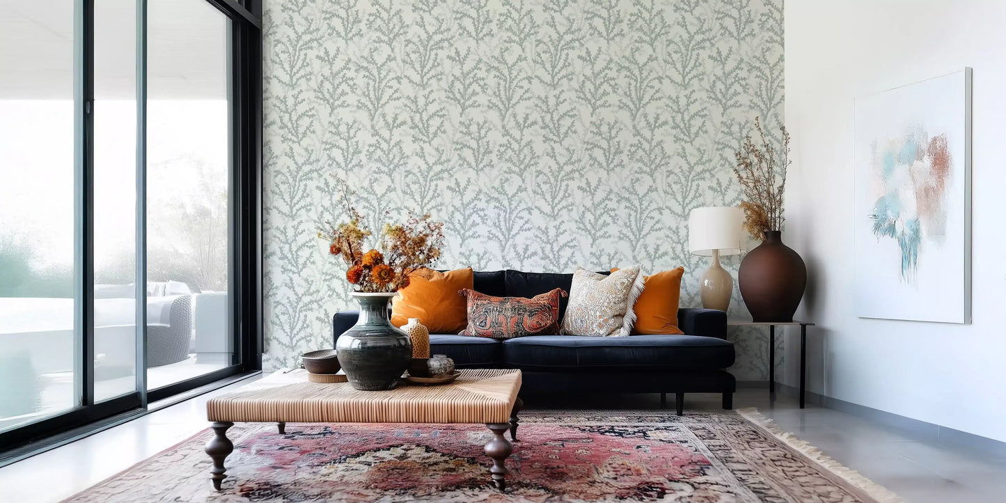 Living room a quiet botanical mood through Painted Coraline wallpaper layers.
