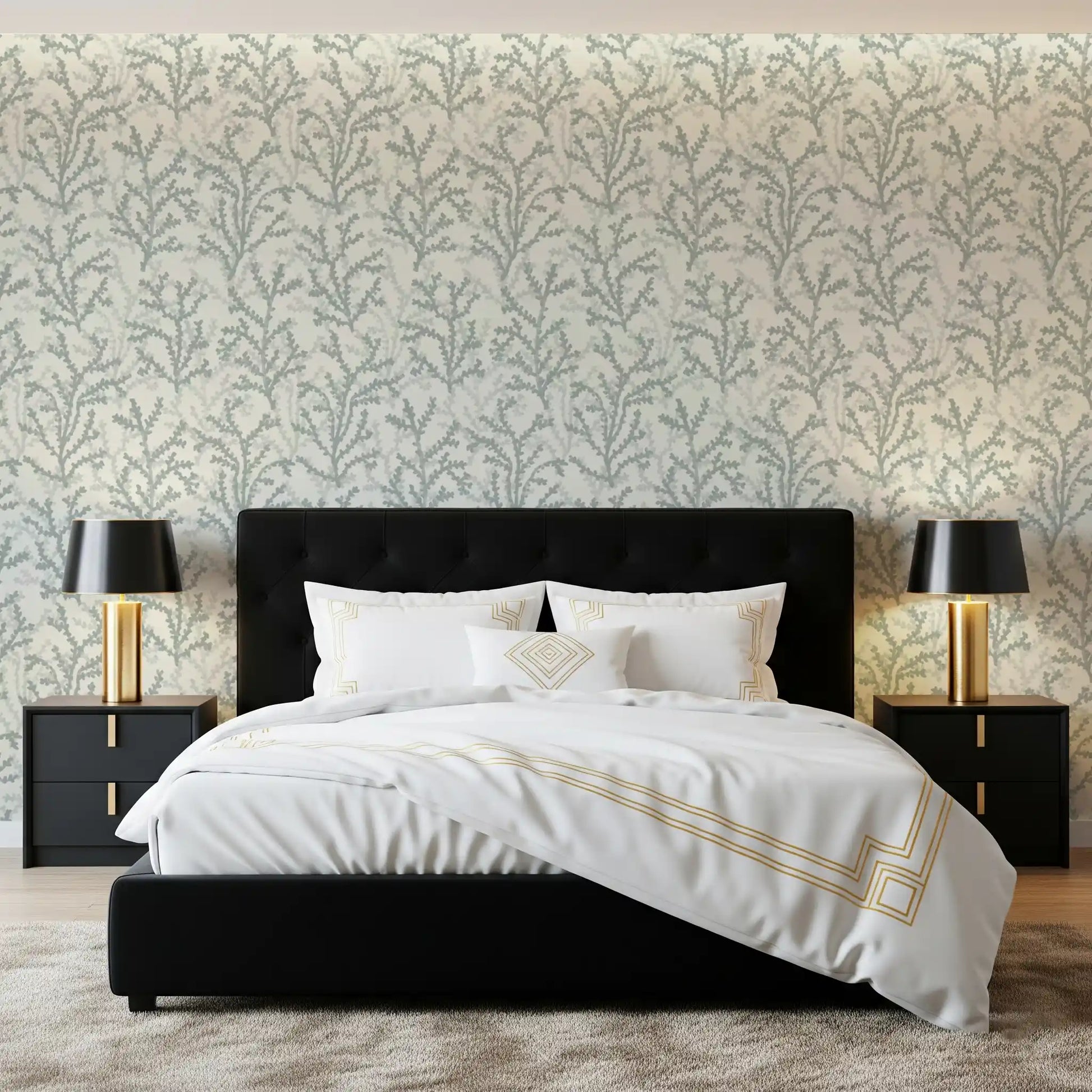 Painted Coraline wallpaper guides the Bedroom with watercolour branches and ivory base.