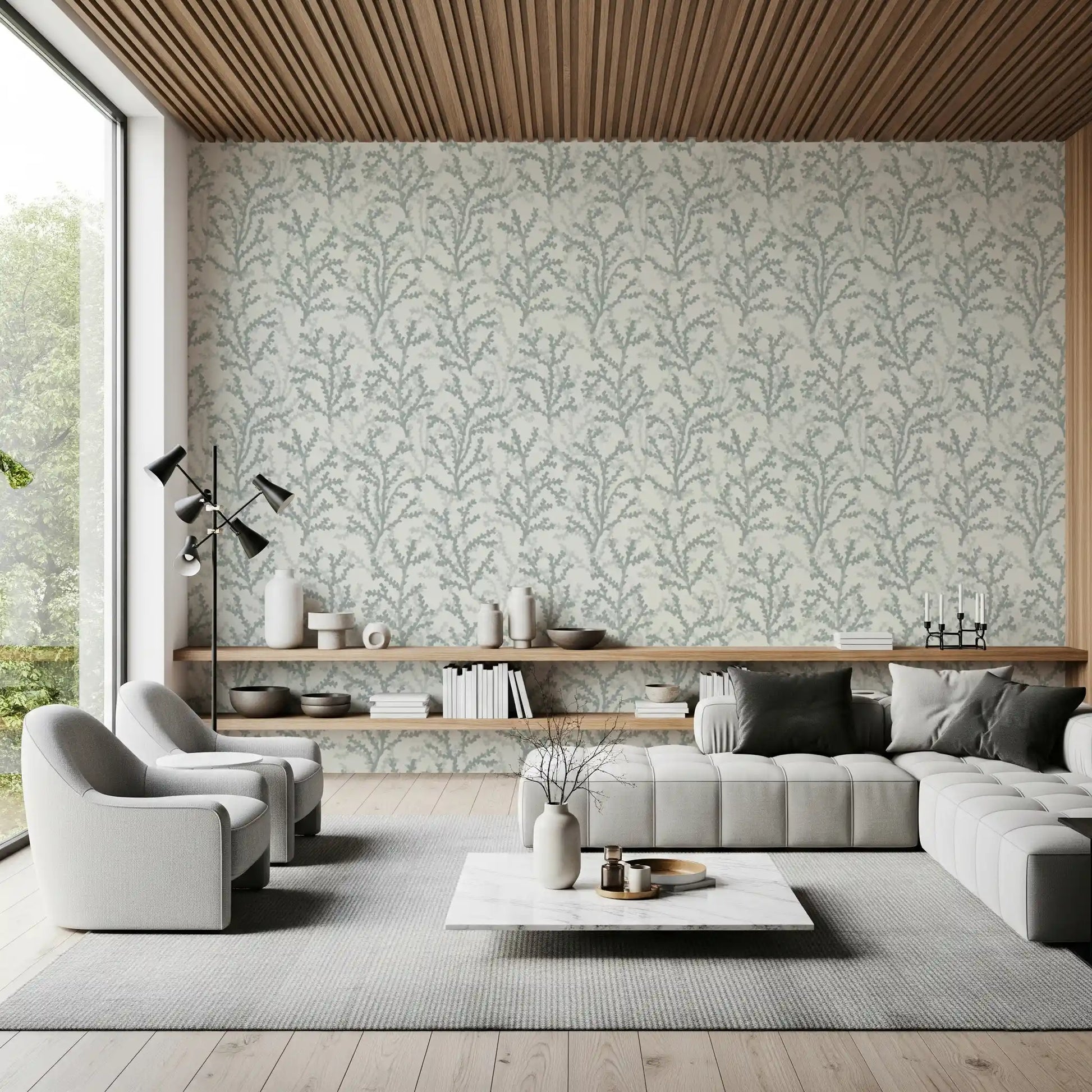 Light and dark sage notes mix in watercolour Painted Coraline wallpaper brushwork.