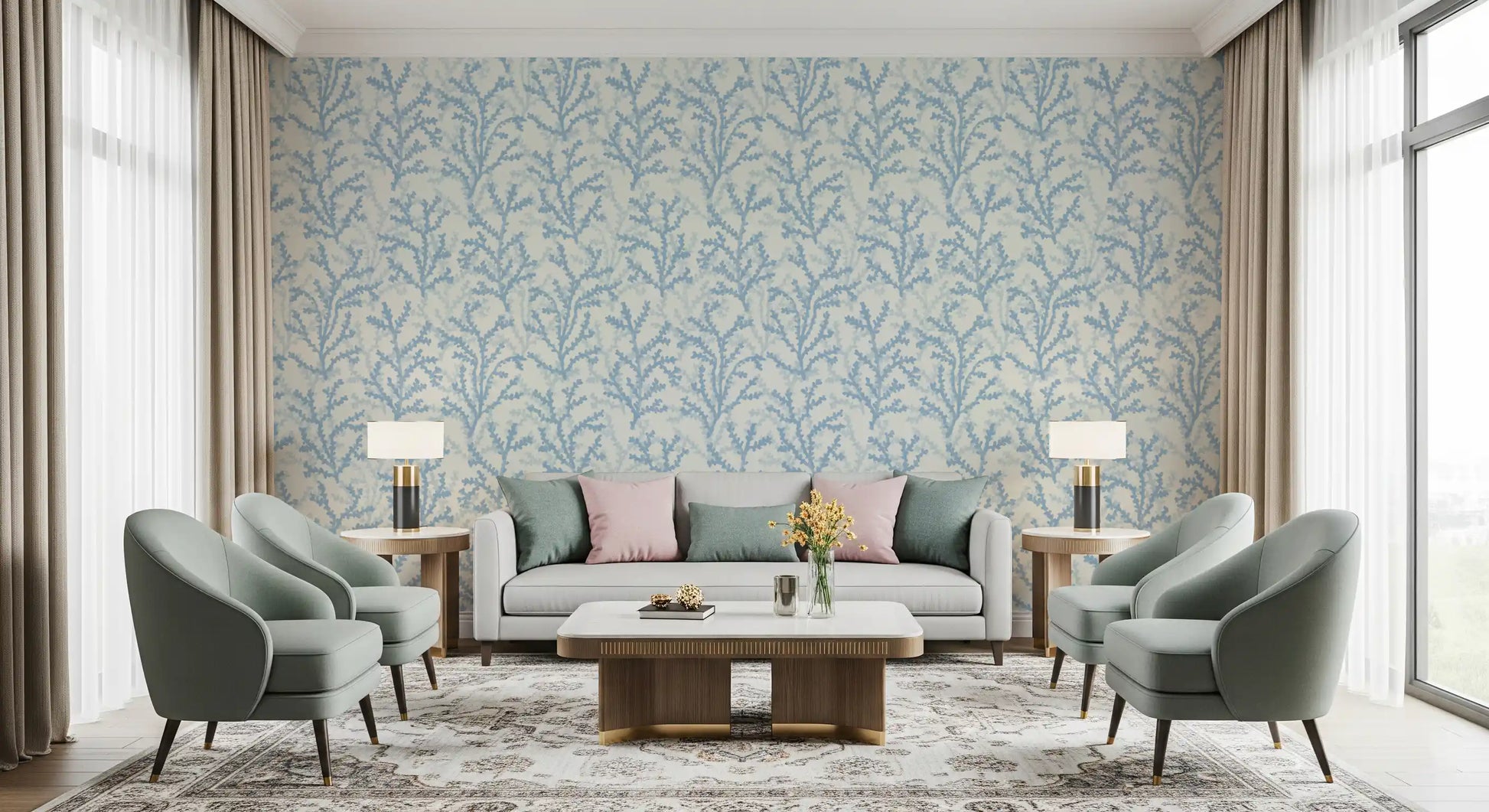 Repeating coral motif on ivory gives Painted Coraline Dreaming Blue wallpaper its rhythm.