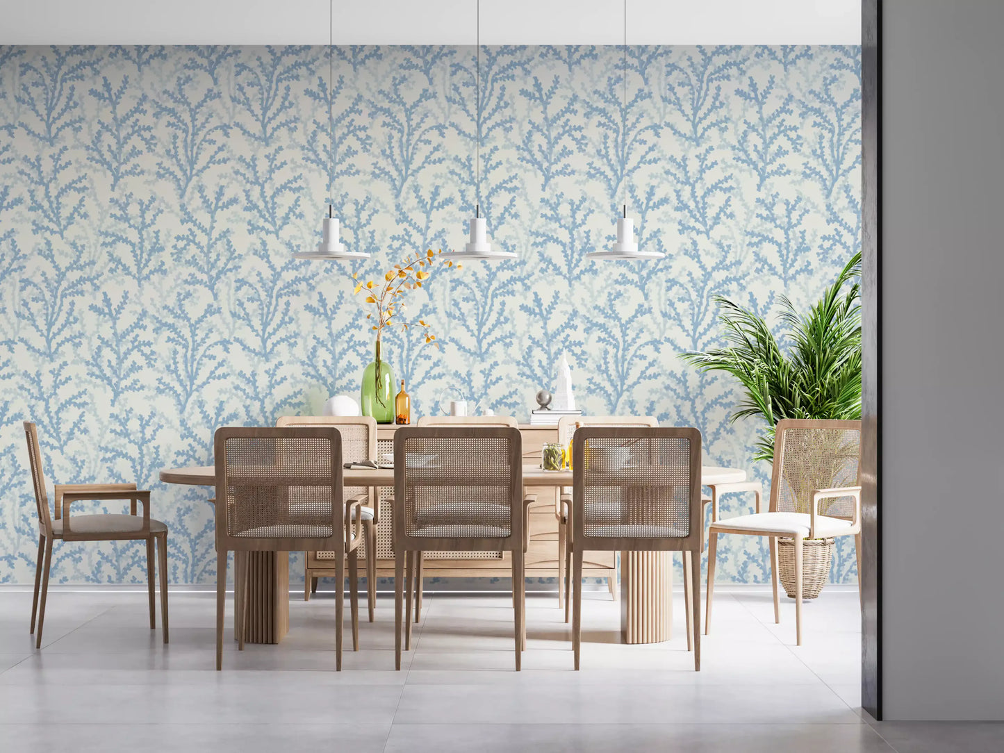 Loose brushwork sits in Painted Coraline Dreaming Blue wallpaper via two indigo shades.