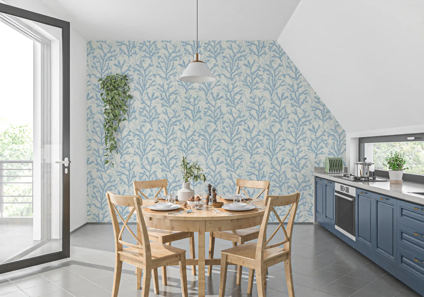 Spreading thin stems, Painted Coraline Dreaming Blue wallpaper kitchen and dining space 