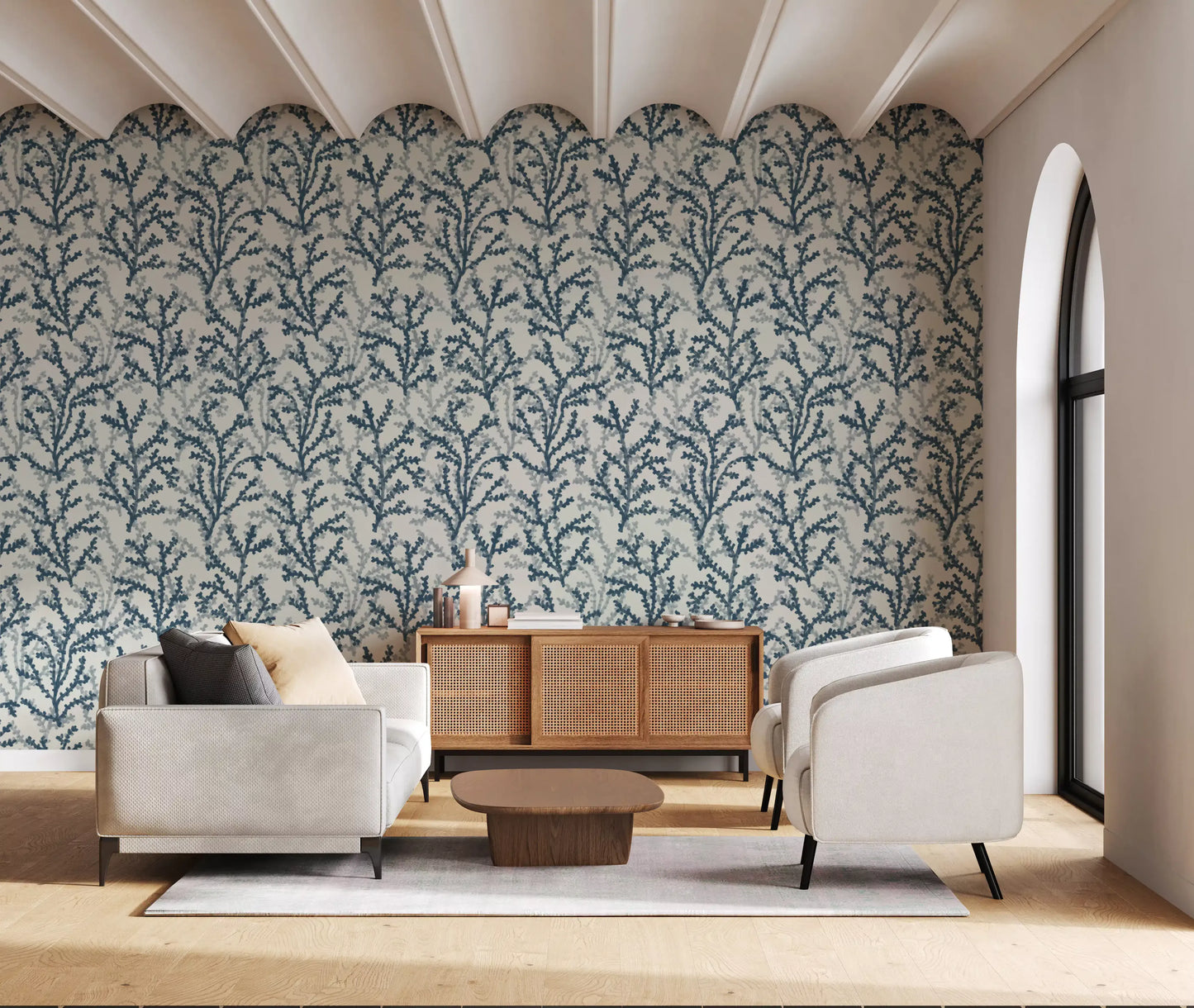 Painted Coraline Teal wallpaper lays indigo strokes across a Living room in even rhythm