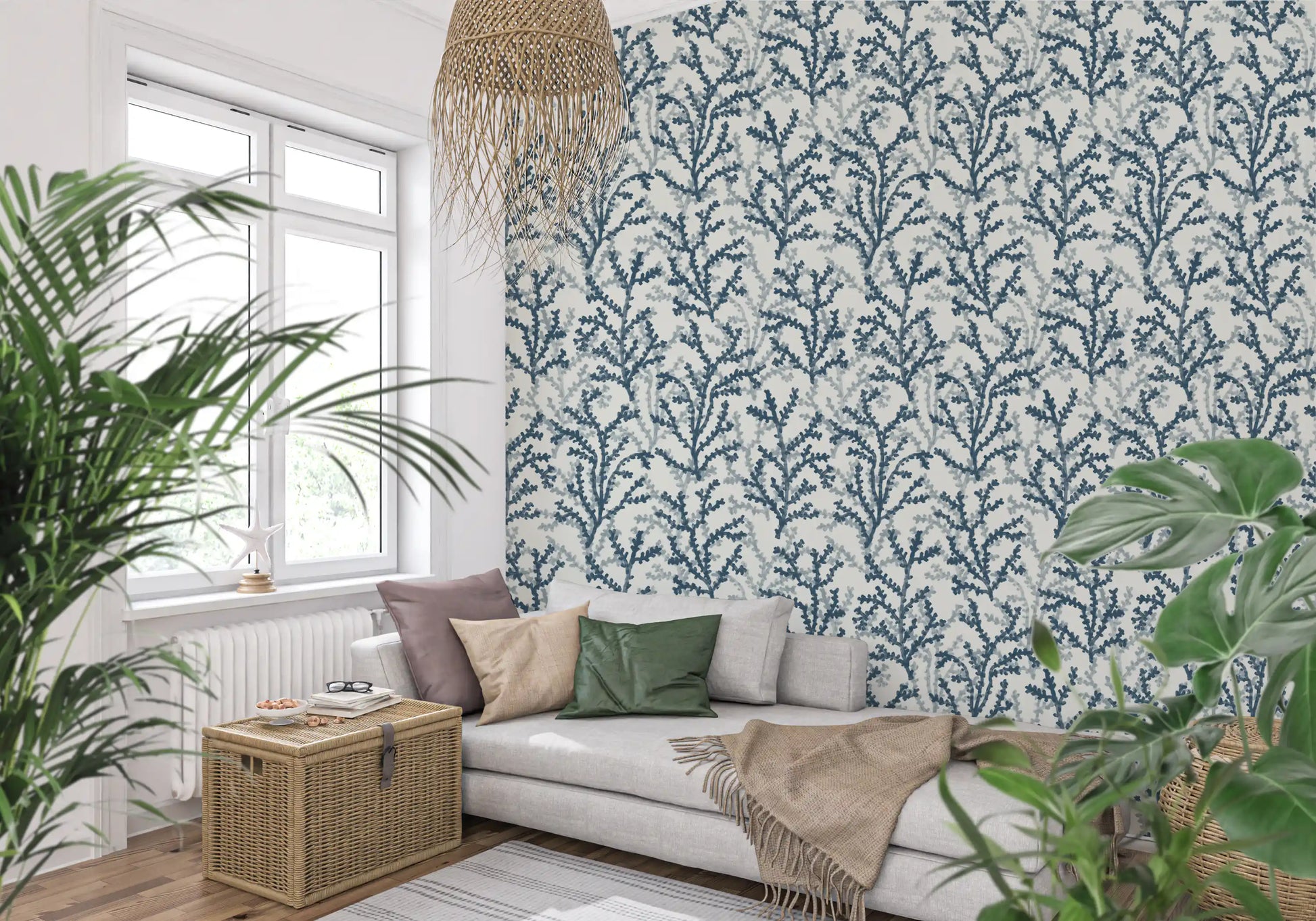 A long line of sprigs in the Coraline Teal wallpaper guides a Living room