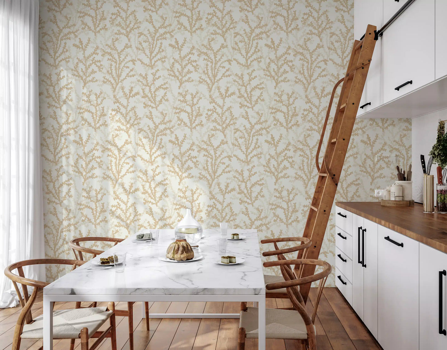 Coastal coral illustrations span the pale background of the Painted wallpaper