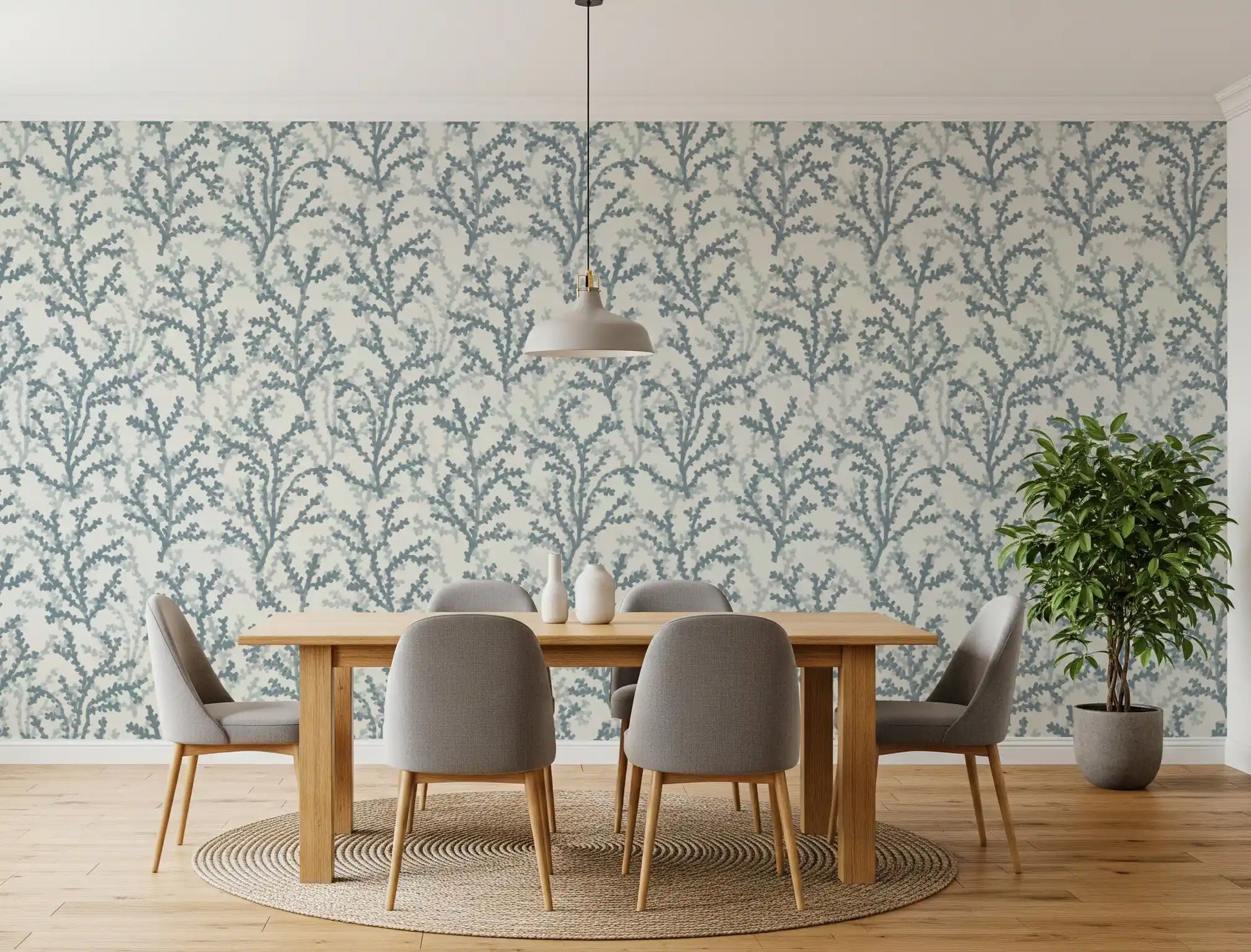 Painted Coraline Slate Gray wallpaper features repeating marine branch motifs.