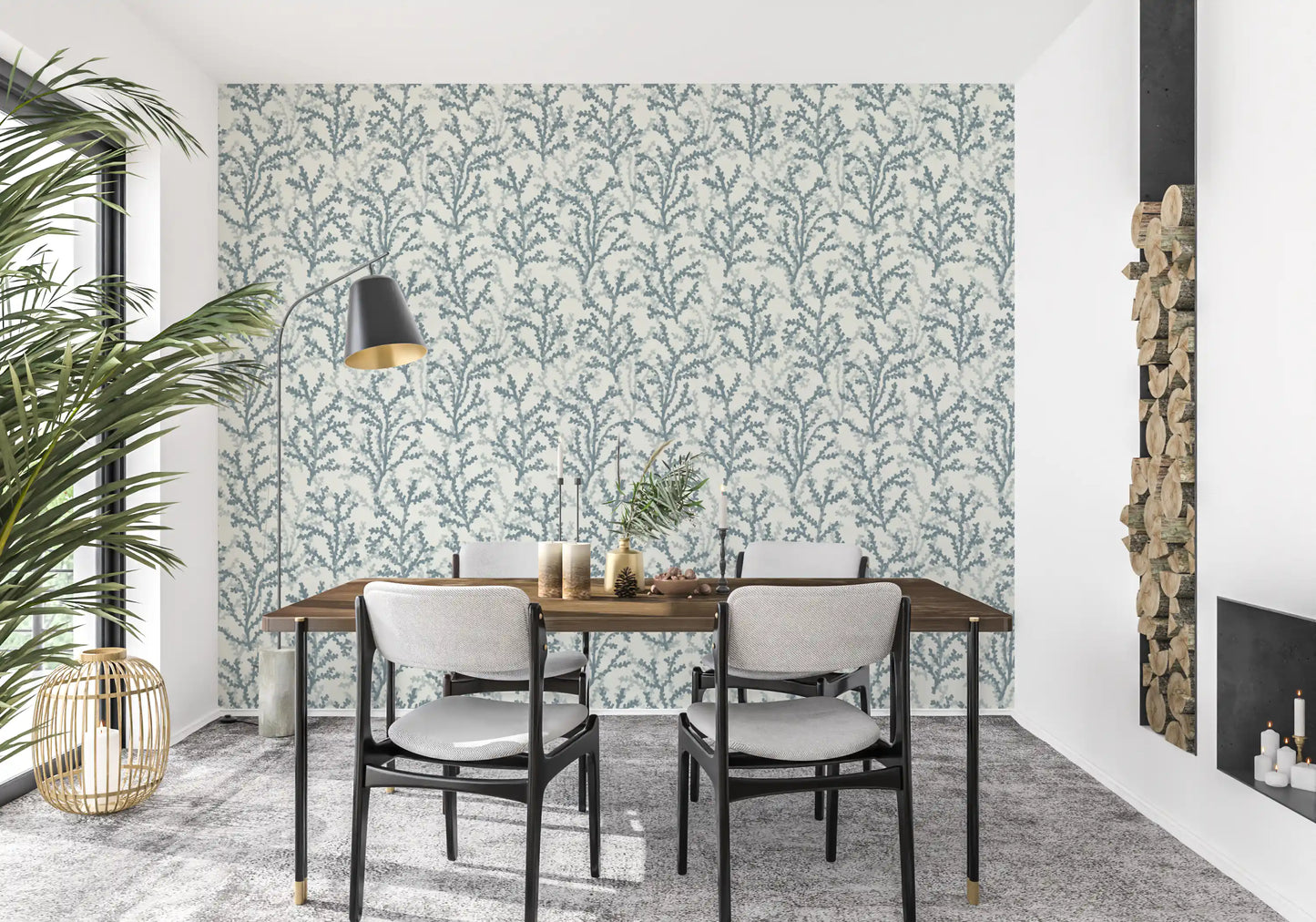Gray wallpaper elements overlap to create a dense underwater scenery