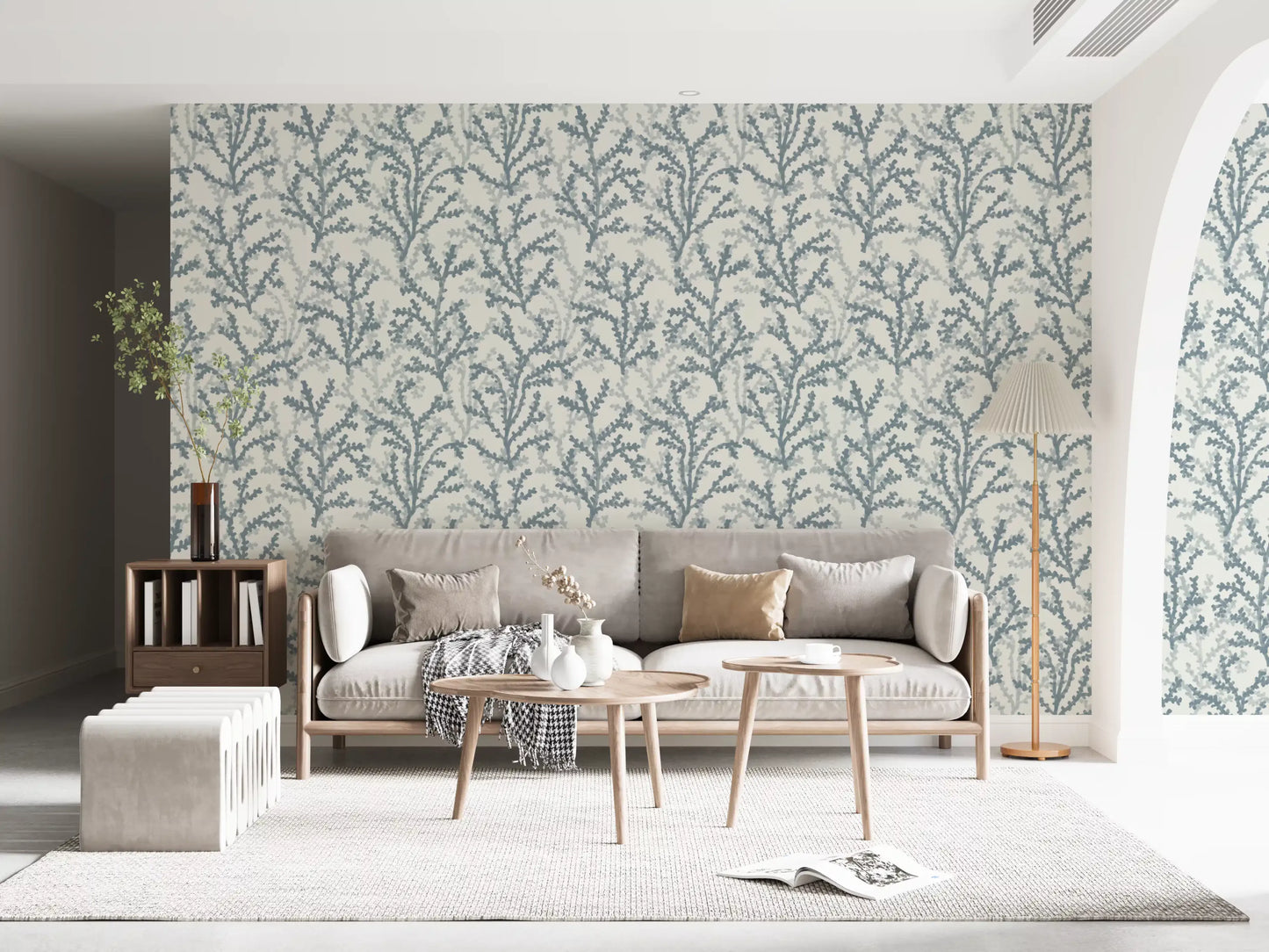 Slate wallpaper branches stretch across the sunny Living room.