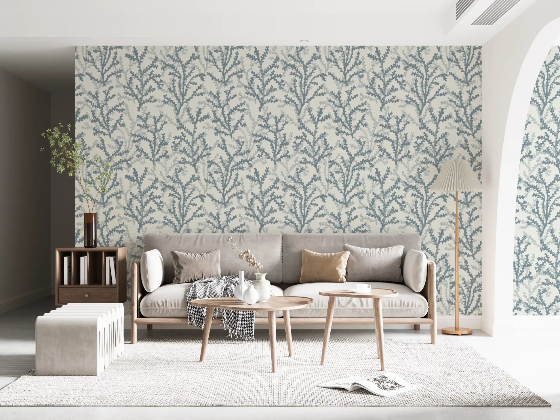 Slate wallpaper branches stretch across the sunny Living room.