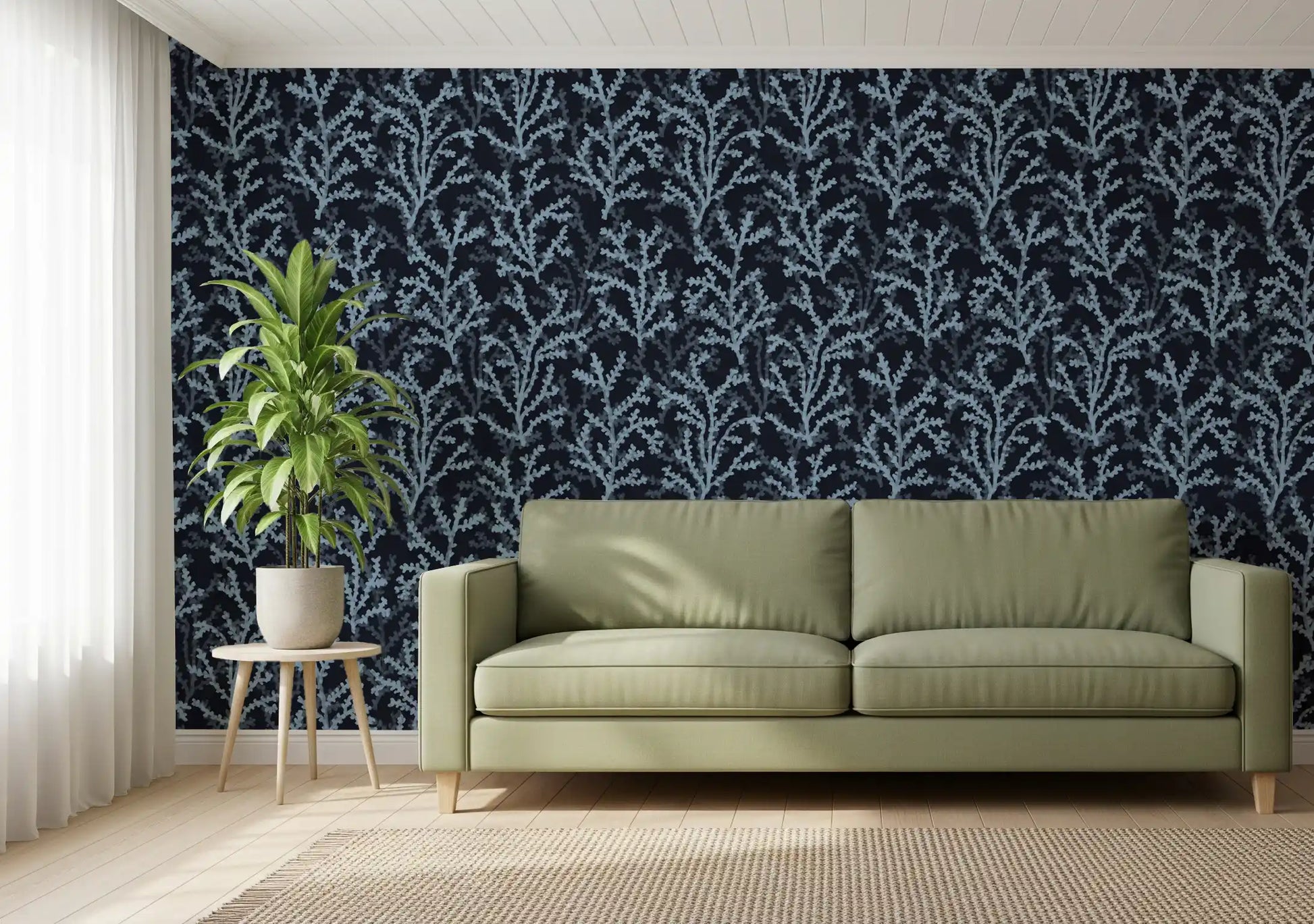 depth emerges from shadowed edges on the Painted Coraline Blue Dark Wallpaper