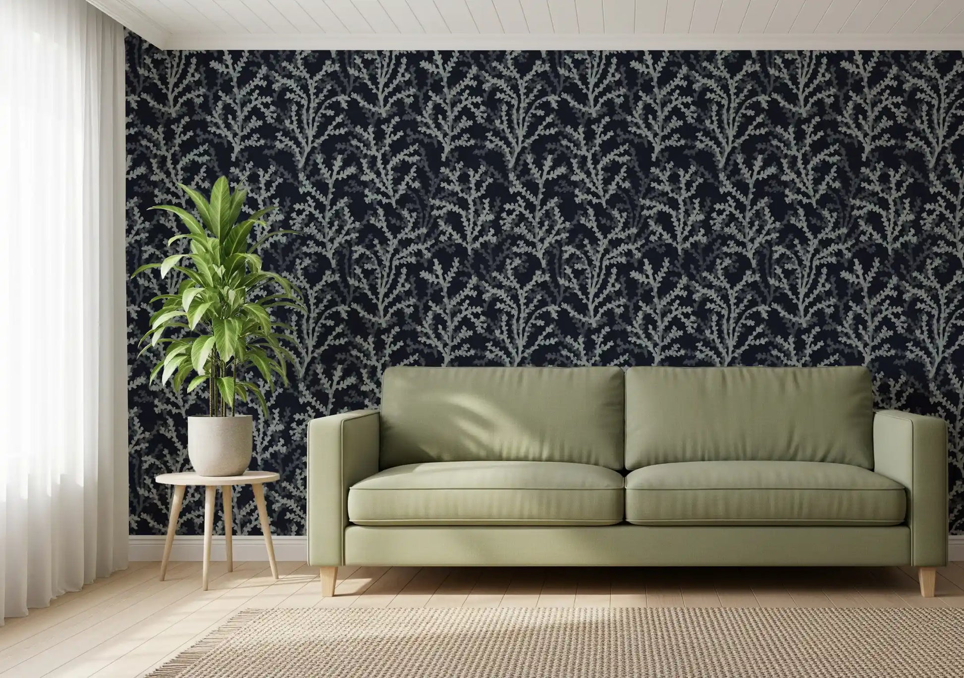 Greenish wallpaper elements stretch across the spacious Living room.