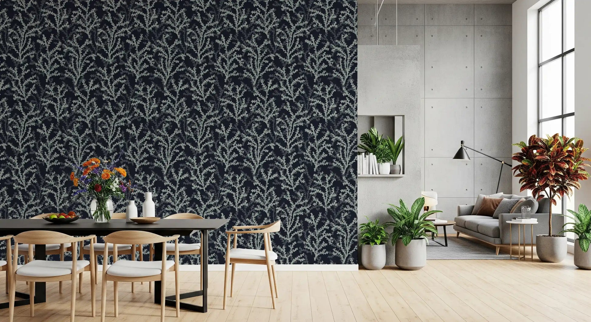 Painted Coraline Greenish Grey Dark Wallpaper an Dining and living room  layout.