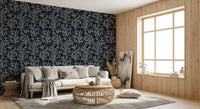 Pale oceanic flora contrasts starkly on Painted Coraline Greenish Grey Dark Wallpaper.