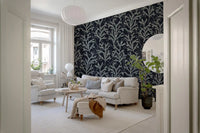 A brightly lit living room gains depth from Coraline Greenish Grey Dark Wallpaper.