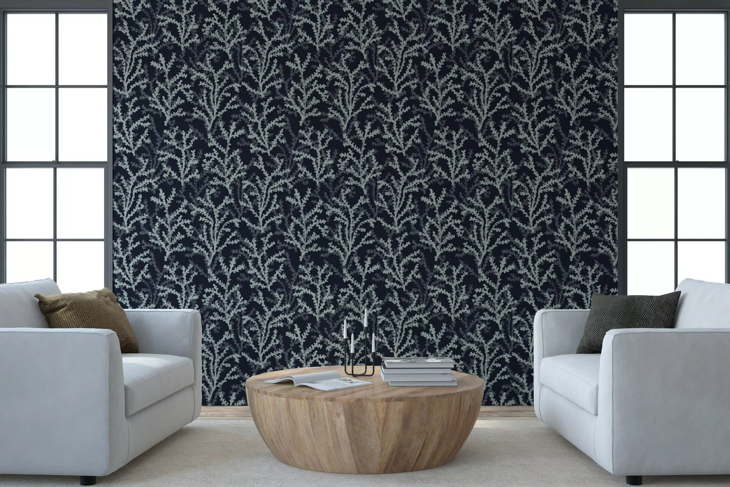 The shadowy Grey wallpaper establishes a moody atmosphere in this likely Living room.