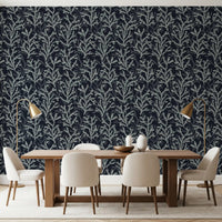 Marine motifs of the Painted Coraline Greenish Grey Dark Wallpaper populate a dining room.