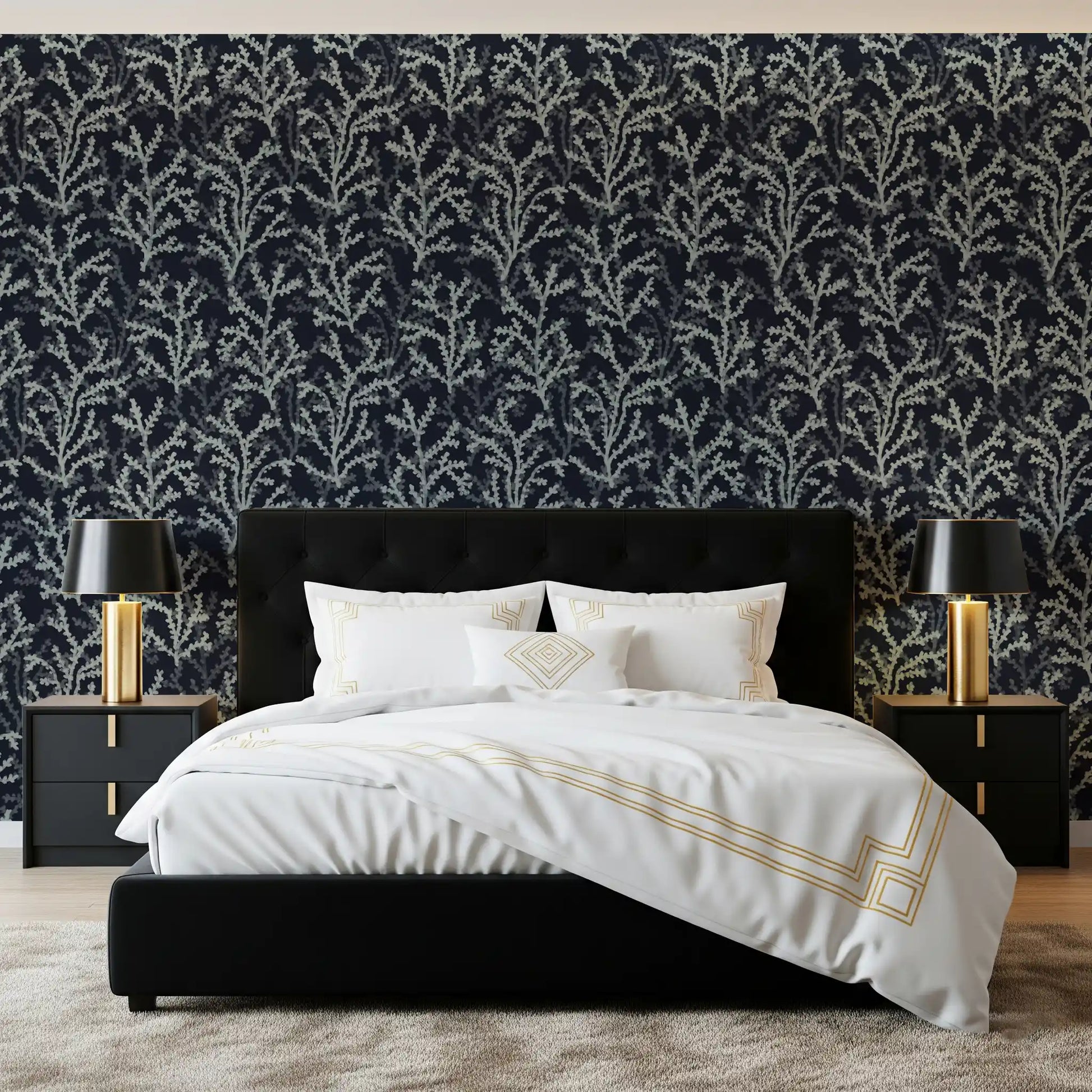 Painted Coraline Greenish Grey Dark Wallpaper presents intricate botanical .