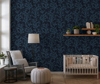 Painted Coraline Indian Teal Dark Wallpaper creates a dramatic in a Nursery.