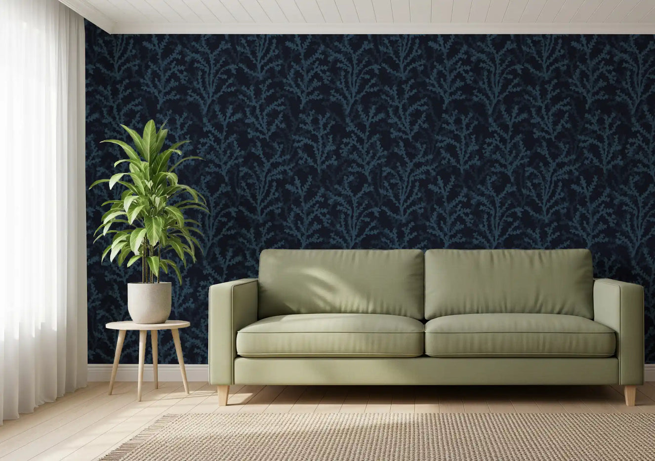 Painted Coraline Indian Teal Dark Wallpaper⁠