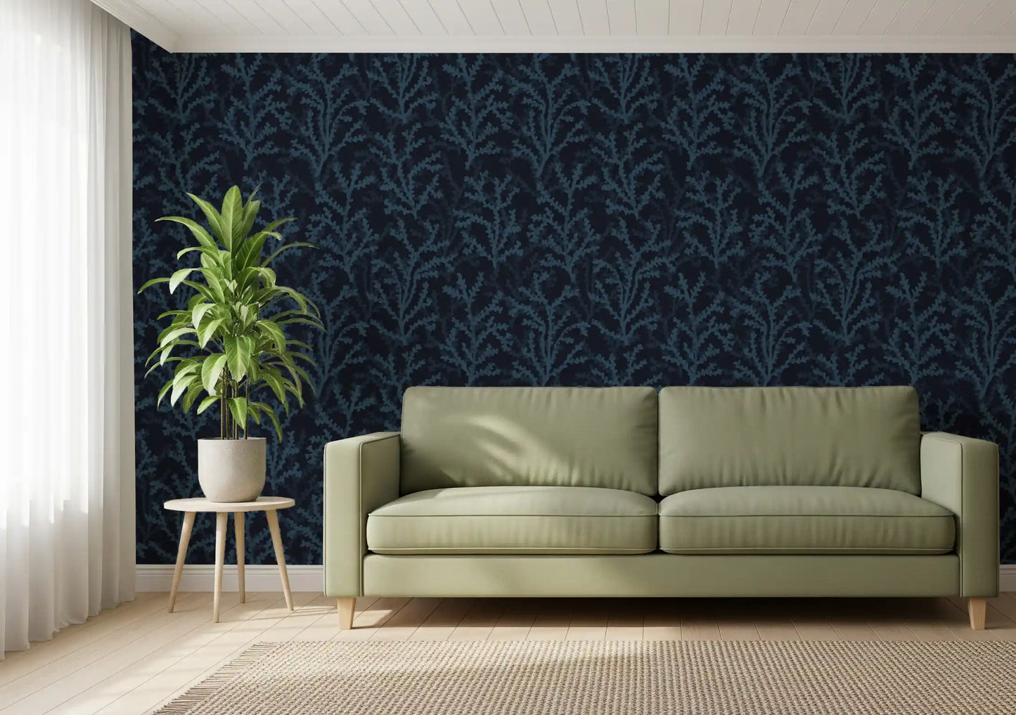 Bright deep teal wallpaper inside a Living room area space 