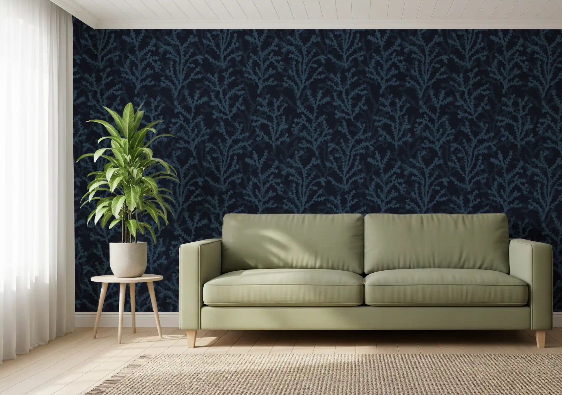 Bright deep teal wallpaper inside a Living room area space 