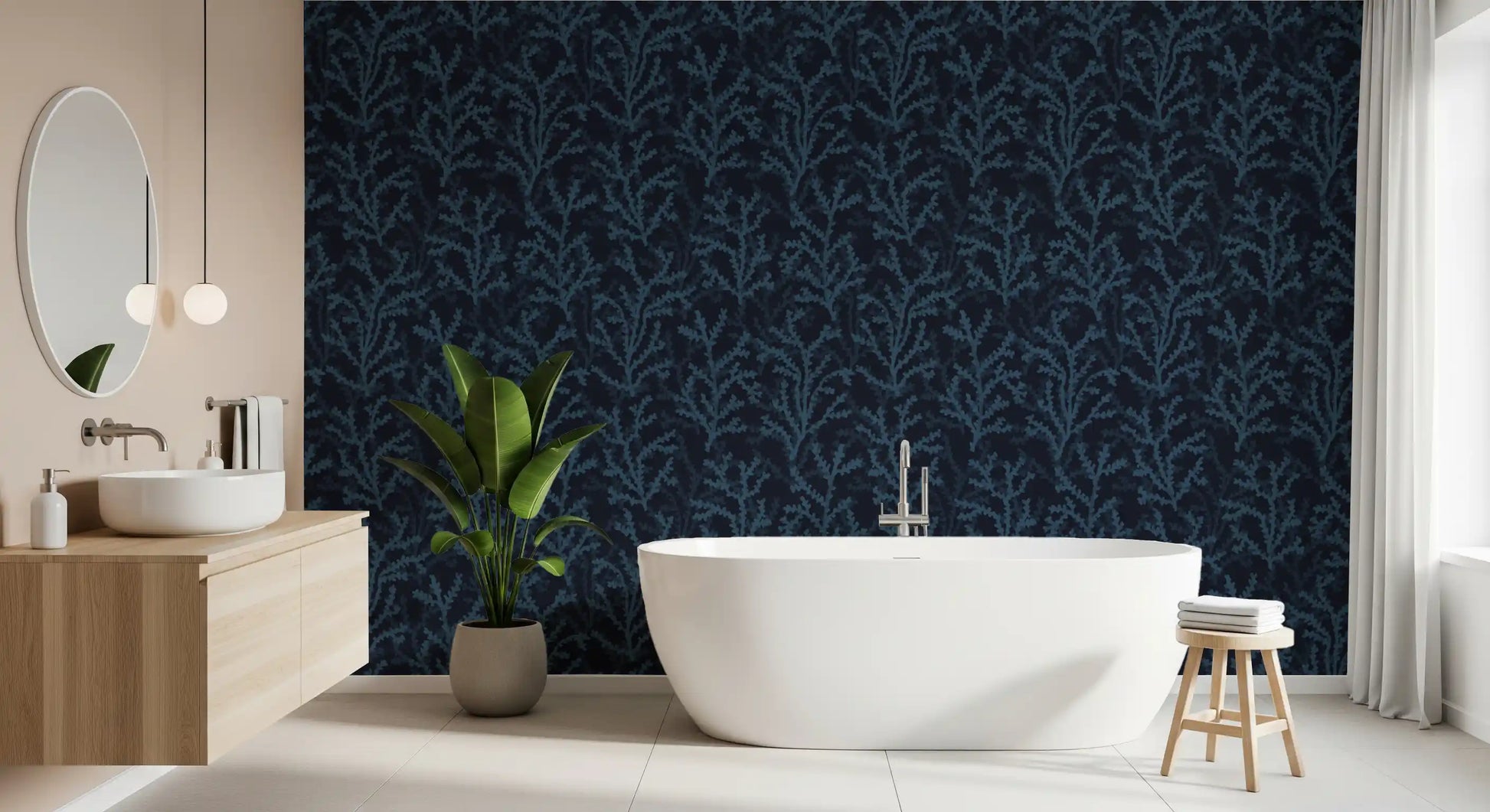 Rich teal botanical shapes stretch over a dark wallpaper canvas.