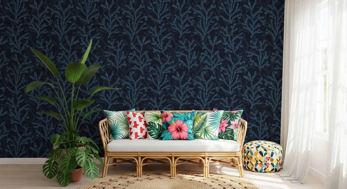 marine graphics repeat across the dark surface of this Coraline wallpaper.