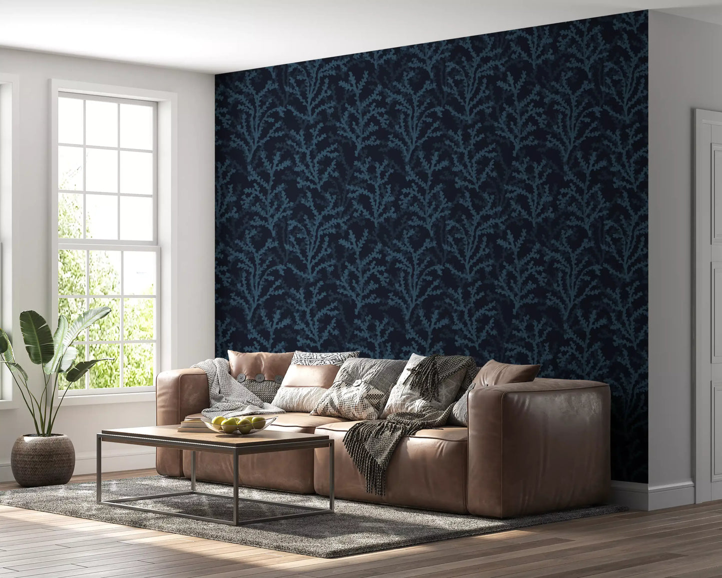 A modern Living room combines white porcelain with dark navy Coraline wallpaper graphics.