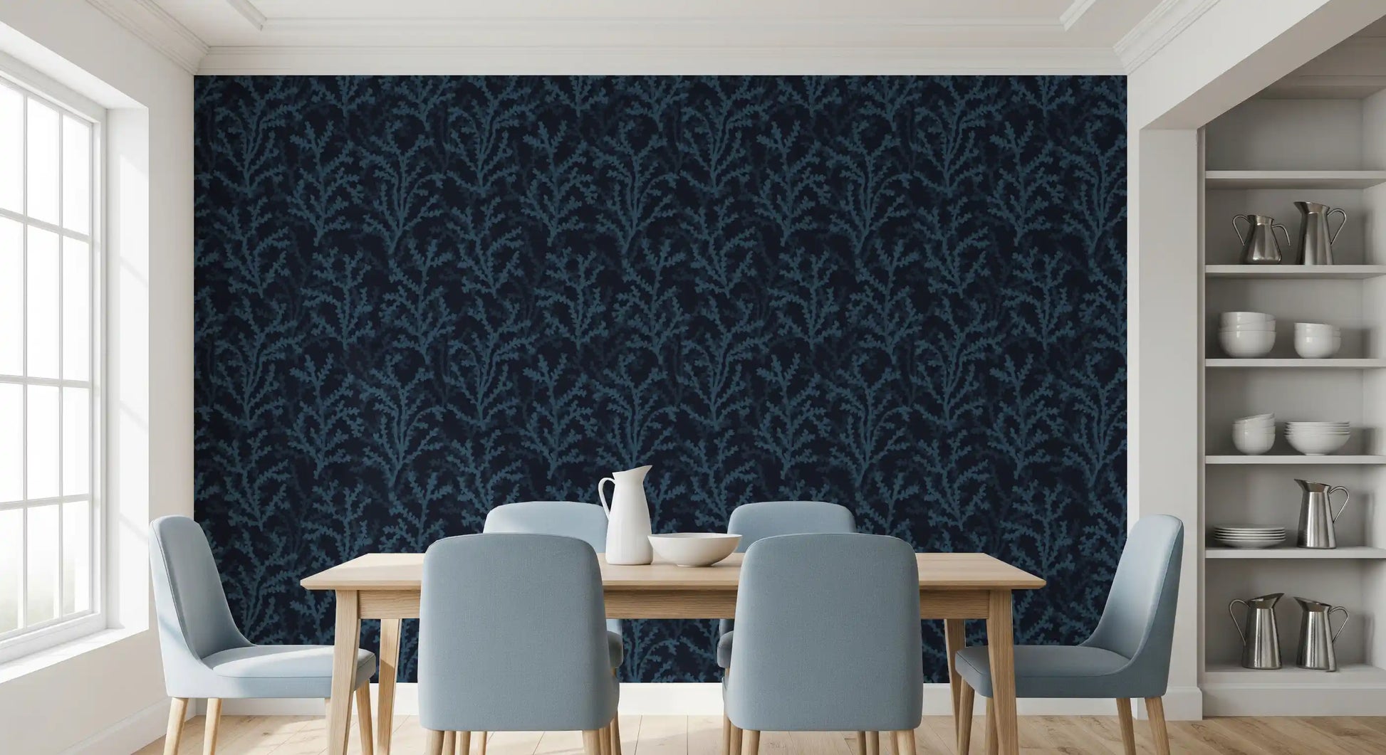 A Dining space balances white cribs with dark oceanic wallpaper backdrops.
