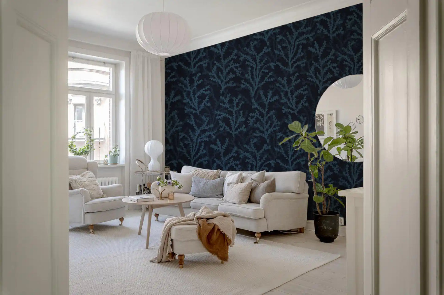 Intricate sea branches tangle elegantly across the Painted Coraline Indian Teal Dark Wallpaper.