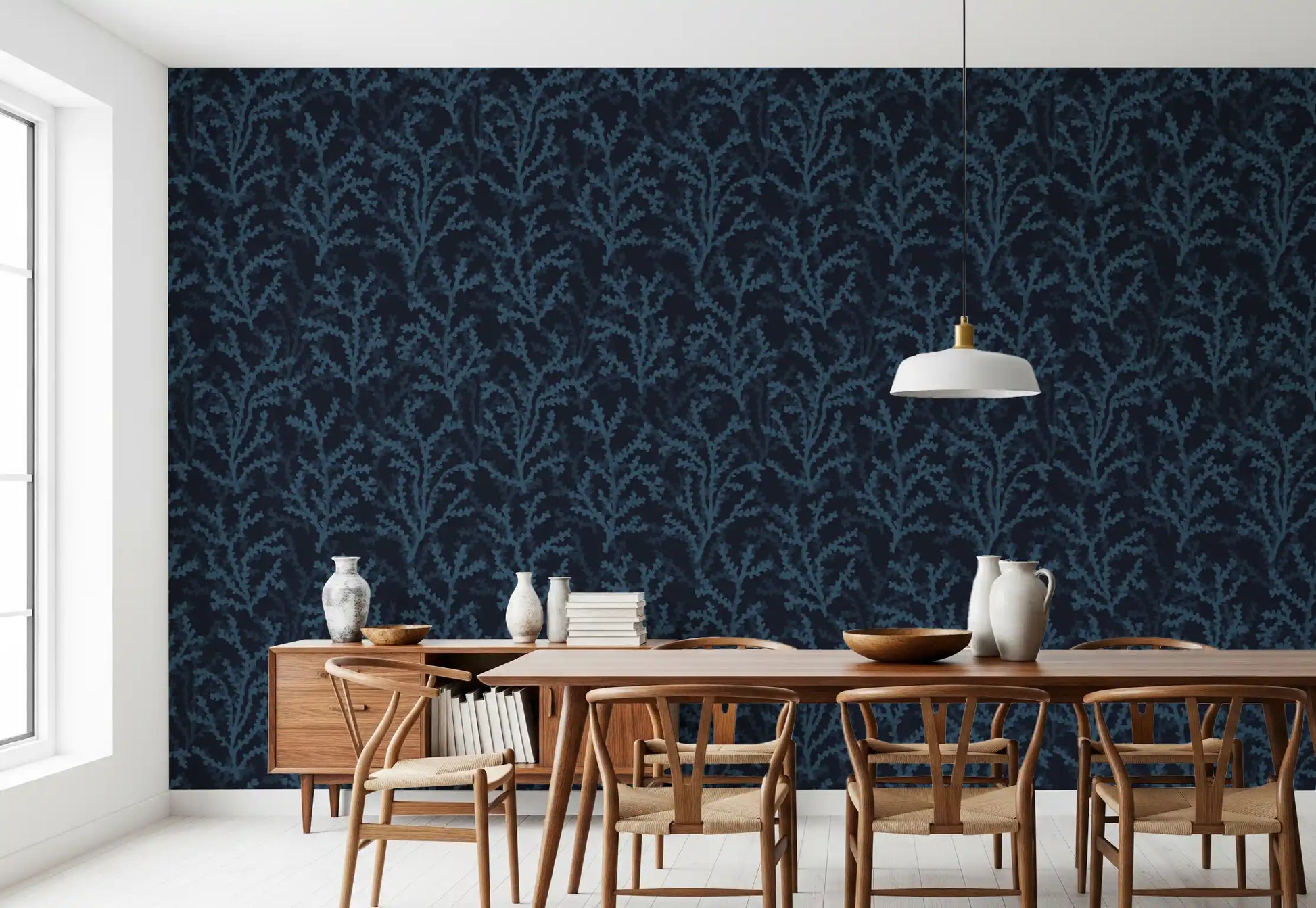 This Dining room displays a rich Painted Coraline Indian Teal Dark Wallpaper.