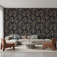 Coraline Sand Dark wallpaper running Living room in deep navy and beige tones