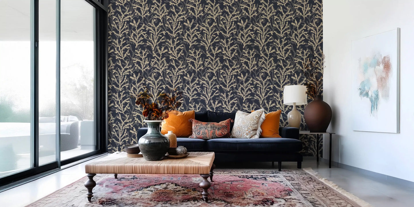 Hallway set against the Coraline Sand Dark branching reef wallpaper